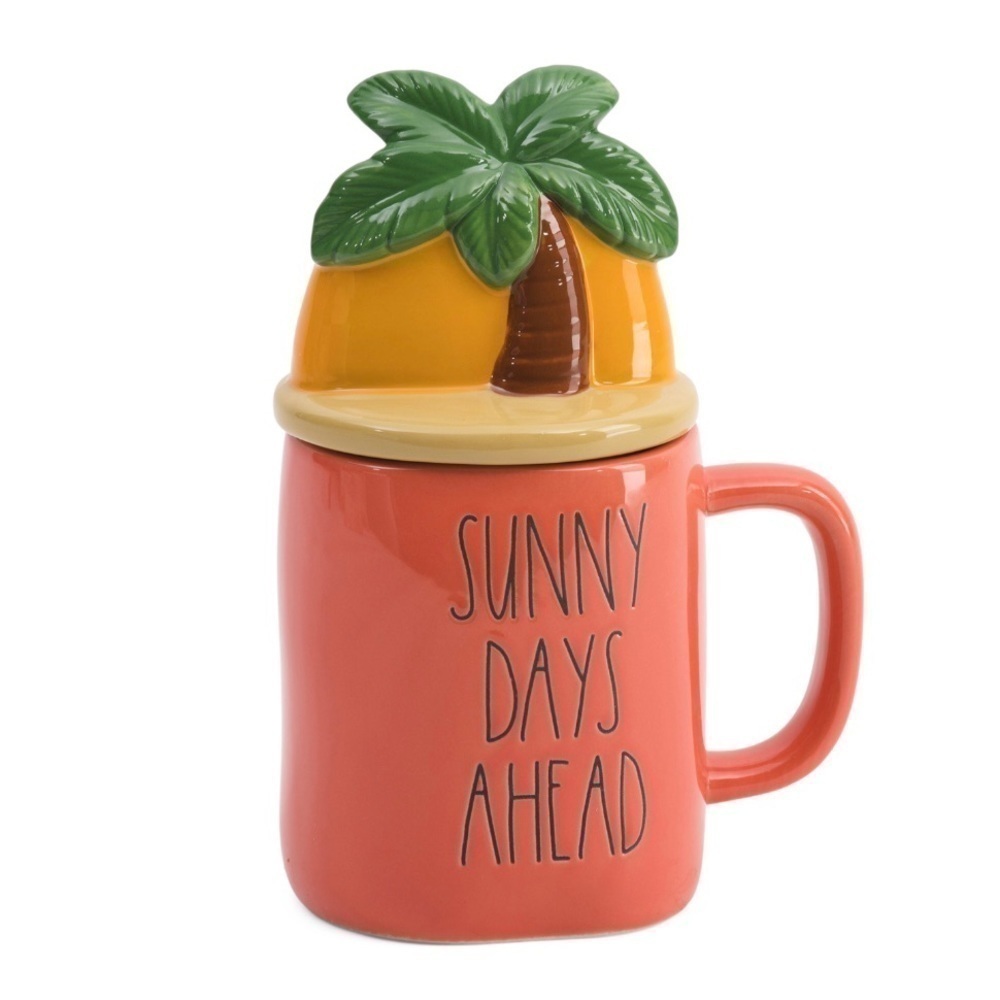 Rae Dunn • Sunny Days Ahead Coral Mug with Palm Tree Sunset Topper